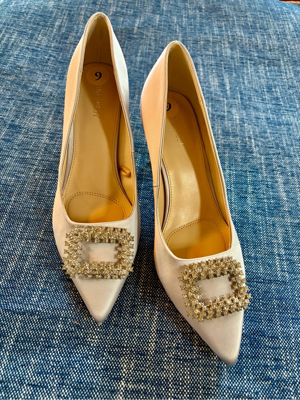 NWT, Silver Satin Pumps with Crystal Buckle, size 9
